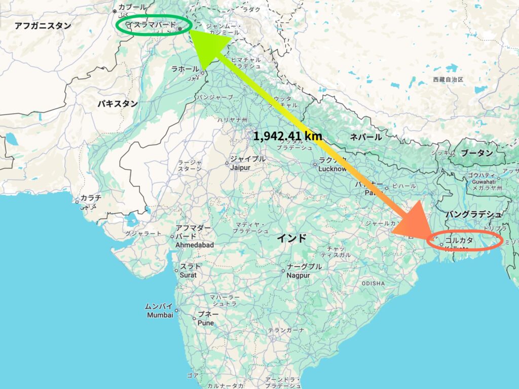インド・パキスタン・バングラデシュ周辺の地図。コルカタやムンバイ、カラチ、ダッカなど南アジア主要都市が表示され、料理のルーツや文化の広がりを示す参考図