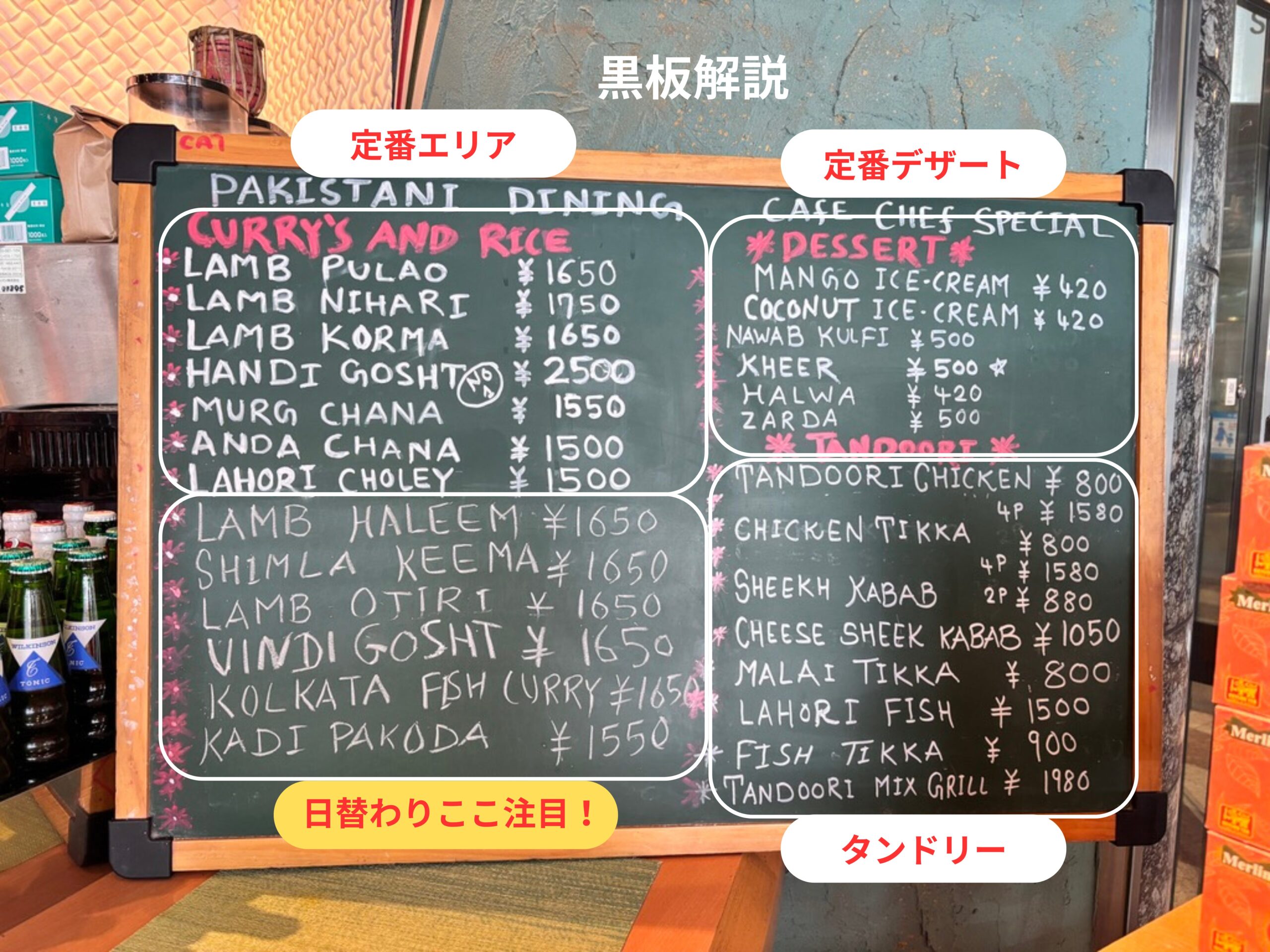 パキスタン料理店の黒板メニュー。料理カテゴリごとに白枠で囲まれ、「定番エリア」「日替わりここ注目!」「定番デザート」「タンドリー」と日本語でラベルが付けられている。