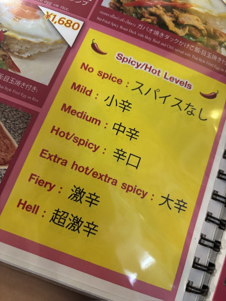 ピラブカウのメニューに記載された辛さレベル表。No spiceからHell（超激辛）まで6段階で表示。