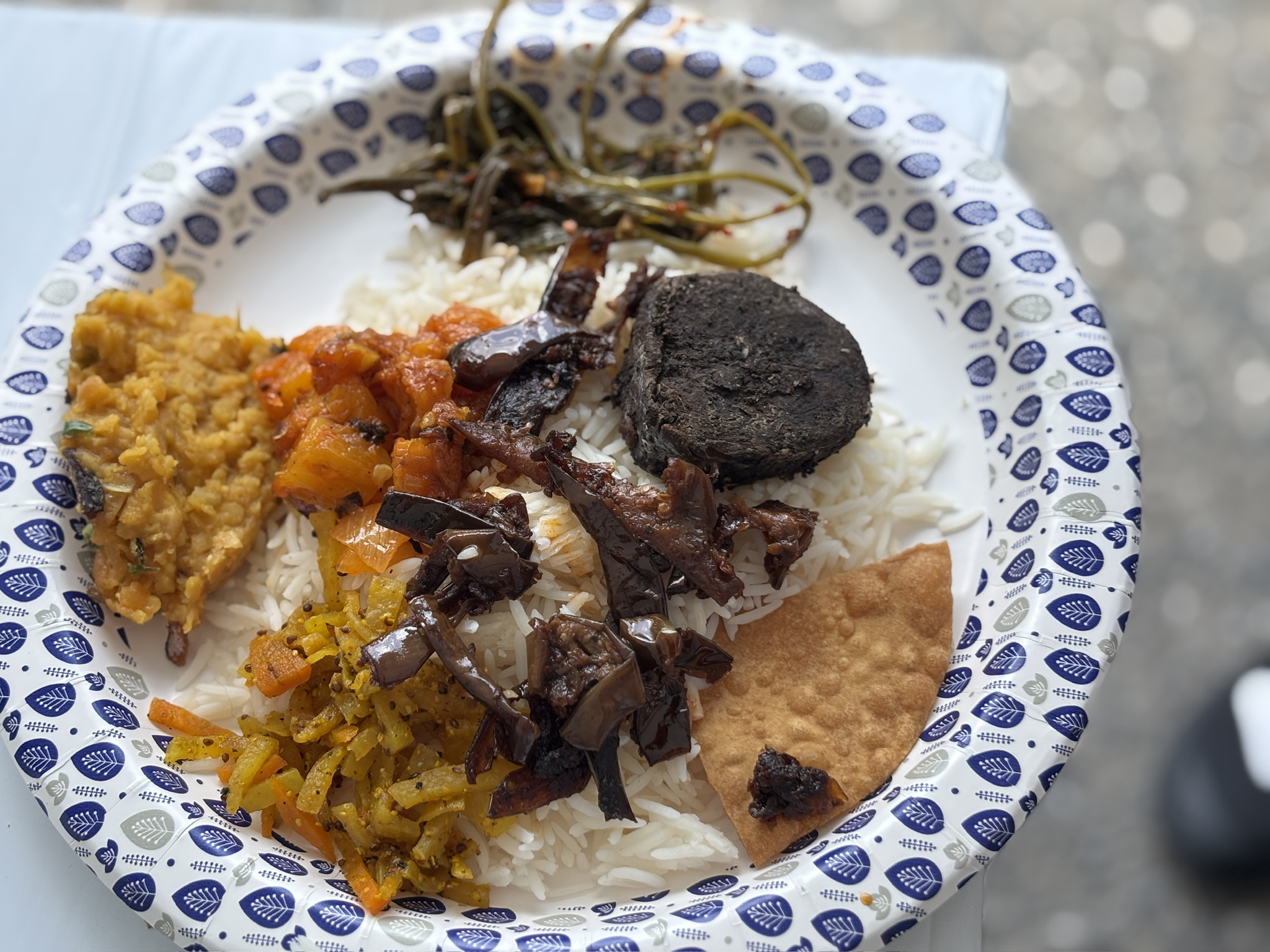 紙皿に盛られたスリランカ料理のプレート。白いバスマティライスの上に、ダルカレー、野菜カレー、炒め物、パパダム、黒い円形の揚げ物、青菜の炒め物が彩り豊かに並んでいる。