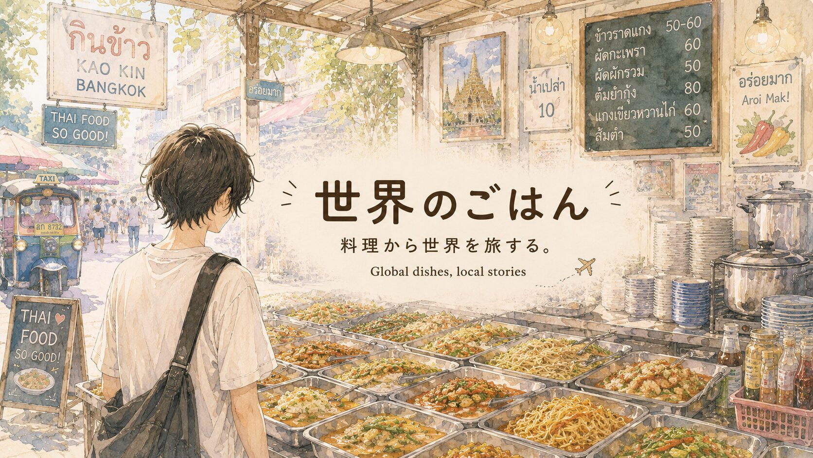世界のごはんカテゴリのアイキャッチ。海外の屋台調理風景と野菜が背景、中央にタイトルと副文。