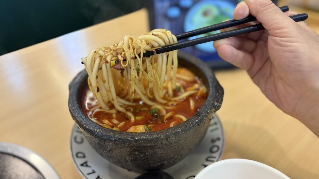 箸で持ち上げた砂鍋土豆粉のもちもち極太春雨