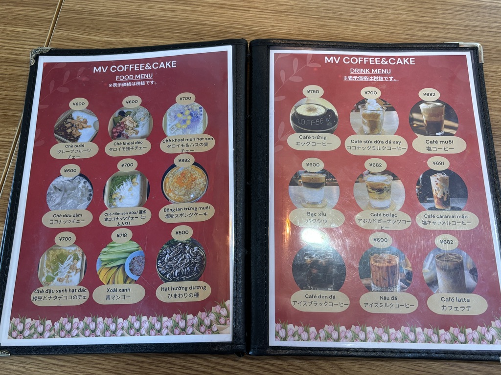 MV COFFEE & CAKEのフードとベトナムコーヒーのメニュー